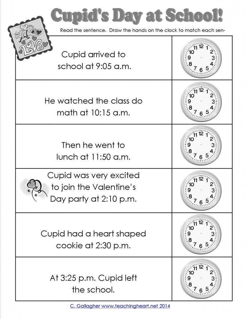 Cupid's Day Activity Sheet for Telling Time Practice