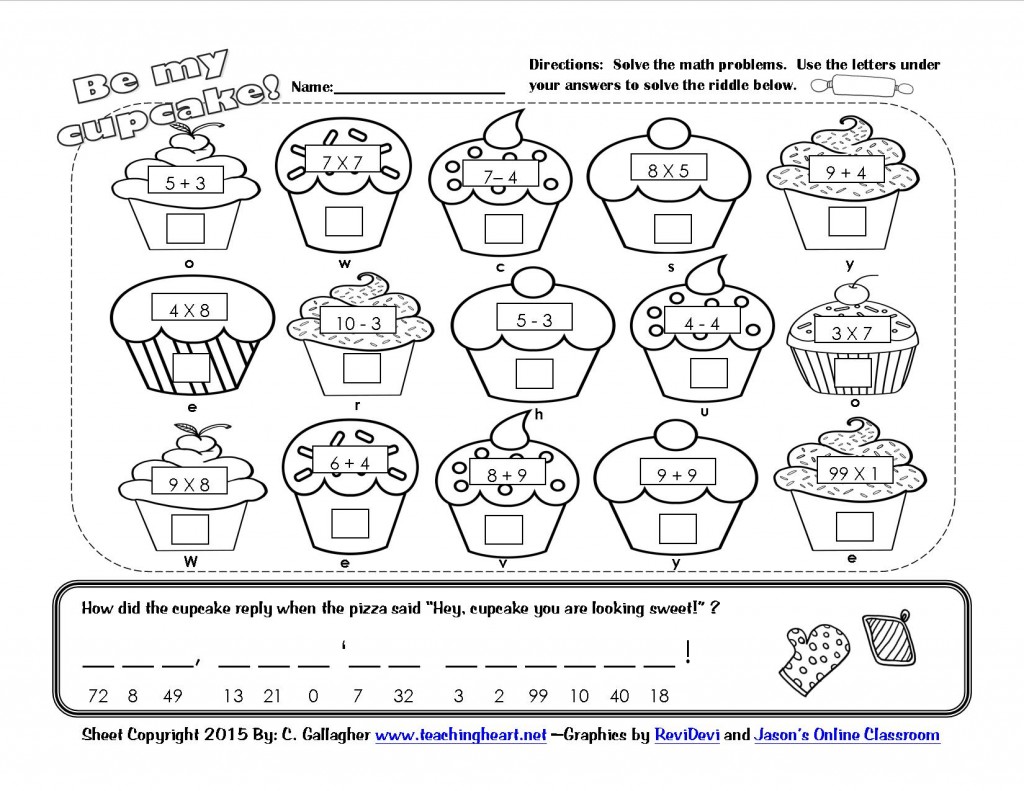 Cupcake Math Riddle Worksheet Printable